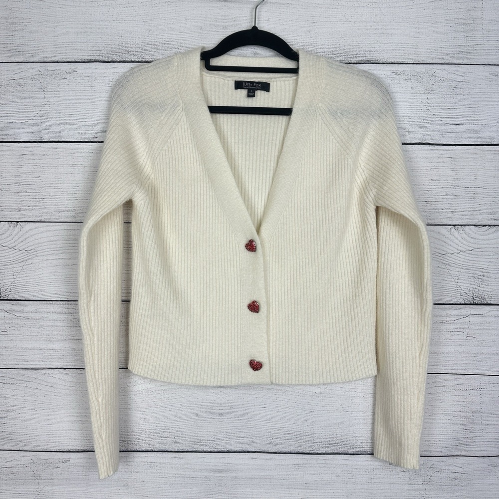WITTY FOX Ribbed Knit Cardigan Sweater Heart‎ Rhinestone Sz Large Coquette Twee